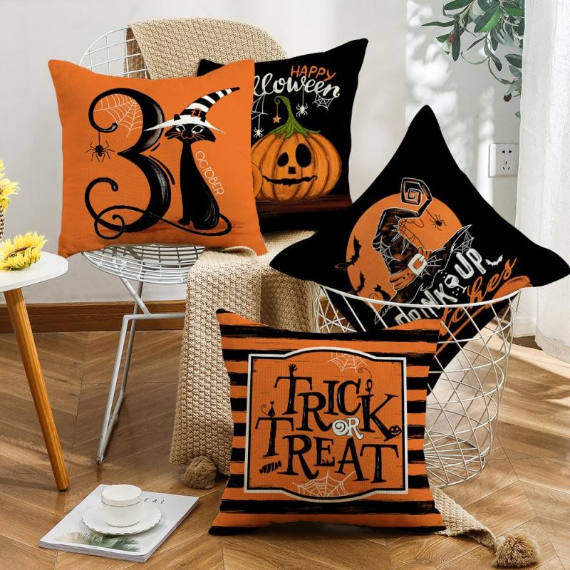 

45Cm Halloween Pillowcase Home Decorative Sofa Cushion Covers Pumpkin Cat Witch Hat Printed Throw Pillow Cover