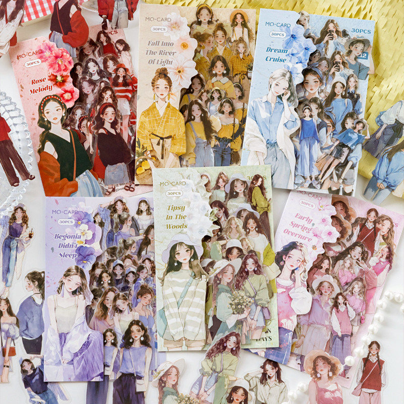 

10 Books X30Pcs/ag Waterproof PET Stickers Literary Style Gentle Girl Character Pattern Hand Note Suitable For Cup Decoration