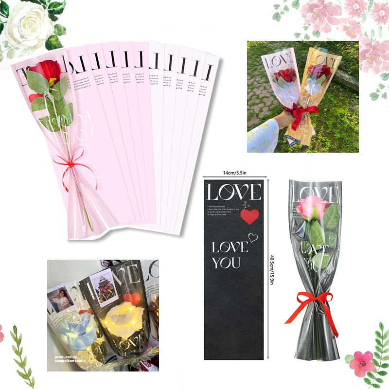 

CM [1 pack 20 lembar] plastik single flower tulisan love printed korean style plastik bunga tangkaian satuan single stalk rose mika