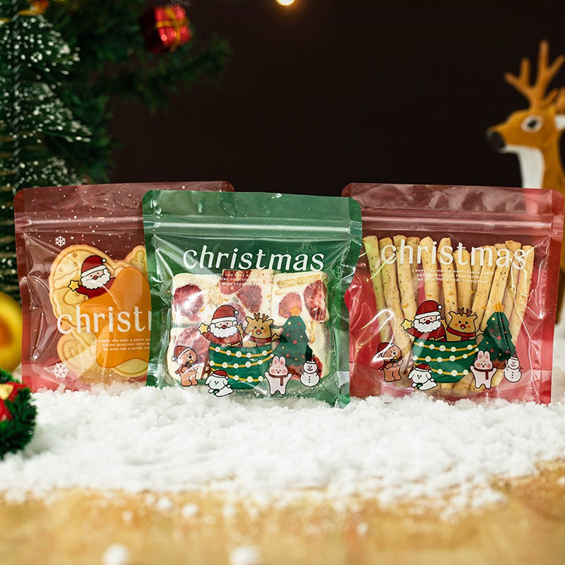 

TETP 100Pcs Merry Christmas Ziplock Bags With Clear Window Happy New Year Party For Cookies Candy Chocolate Packaging Decoration