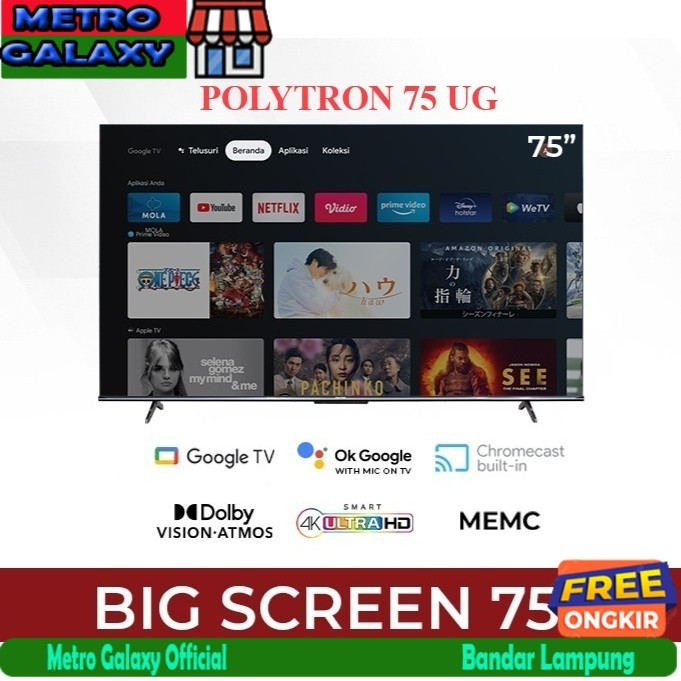 TV POLYTRON 75 INCH UHD 4K SMART GOOGLE TV 75INCH 75UG5959 GARANSI RESMI