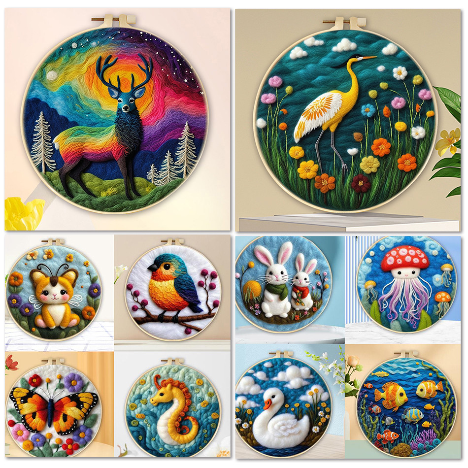 

Animal Needle Felting Painting With Frame Kit For Beginner DIY Wool Needle Felt Starter Kit Home Decoration Art Craft