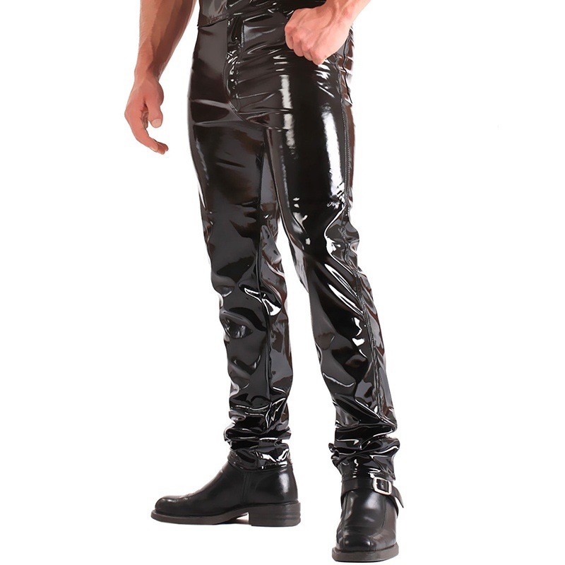 Latex Mens Pants Shiny Wet Look PU Leather Pants Fashion Tight Trousers for Club Stage Show Rock Ban