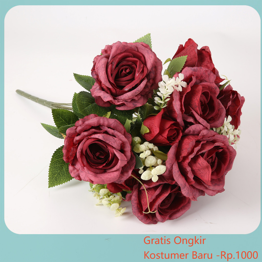 Bunga Buatan Buket Mawar Sutra Sentuhan Asli 12 Kepala Bunga Palsu Dekorasi Pesta Rumah Buket untuk 