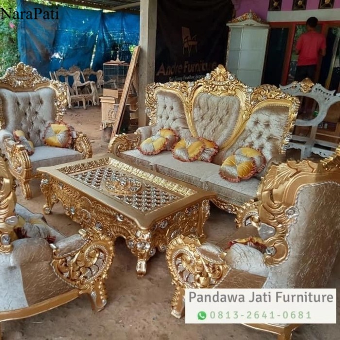 sofa kayu jati mewah warna gold emas / kursi tamu mewah jati SF13