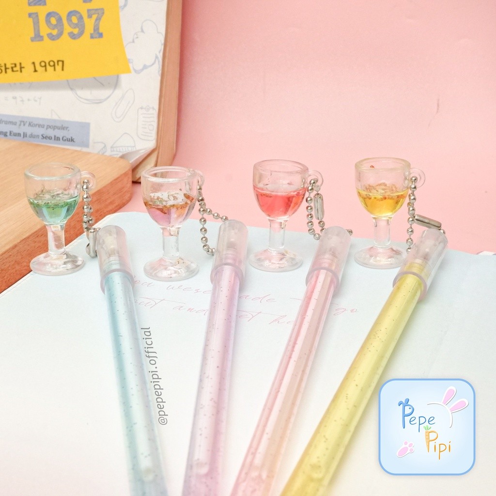 

4 &12 pcs Pena Gel Gantungan Rantai Cocktail Pulpen Gelas Bolpen Bollpoint Tinta Hitam