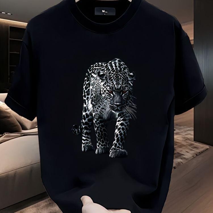 Kemeja-T Cetakan Haiwan Leopard, Ketibaan Baru Musim Panas 2024, Bahan Kapas Tulen, Heavyweight, Sai