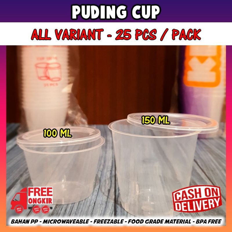 Gelas puding plastik 100,150 ml + tutup / Puding cup / tempat puding/cup plastik thinwall klir 25pcs