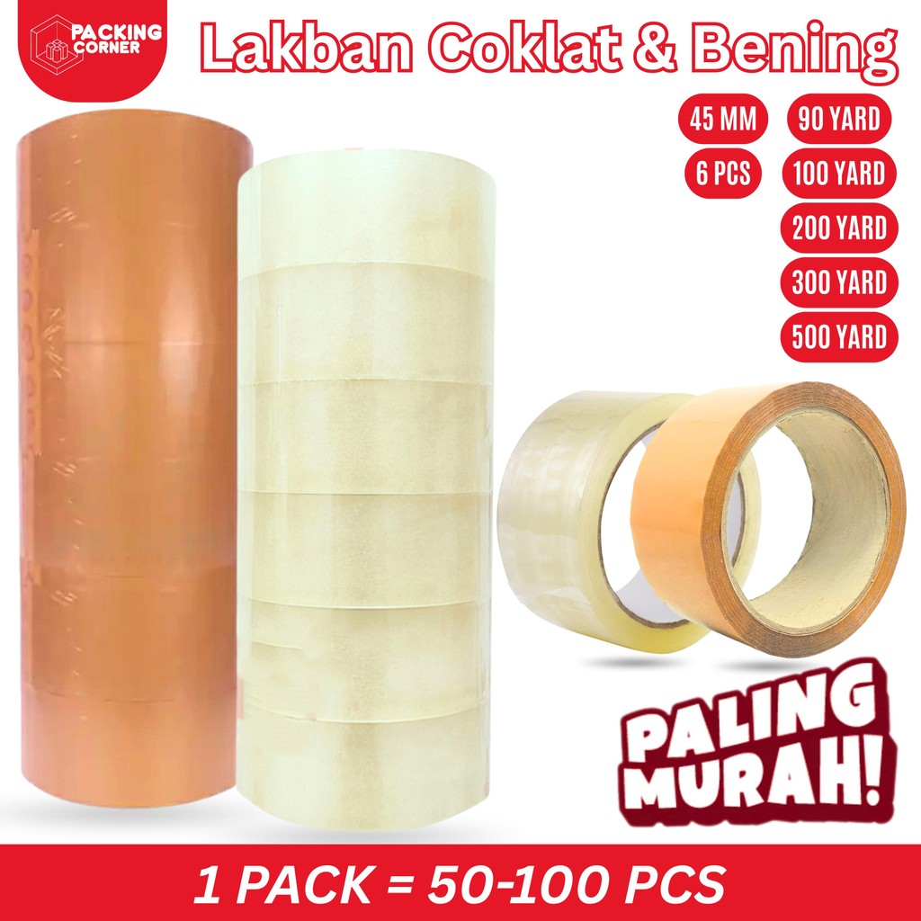 

1 SLOP / 6PCS Lakban Bening Coklat 2 Inch 90 100 200 300 500 Yard Plakban Bening Coklat 45MM 2 Inci