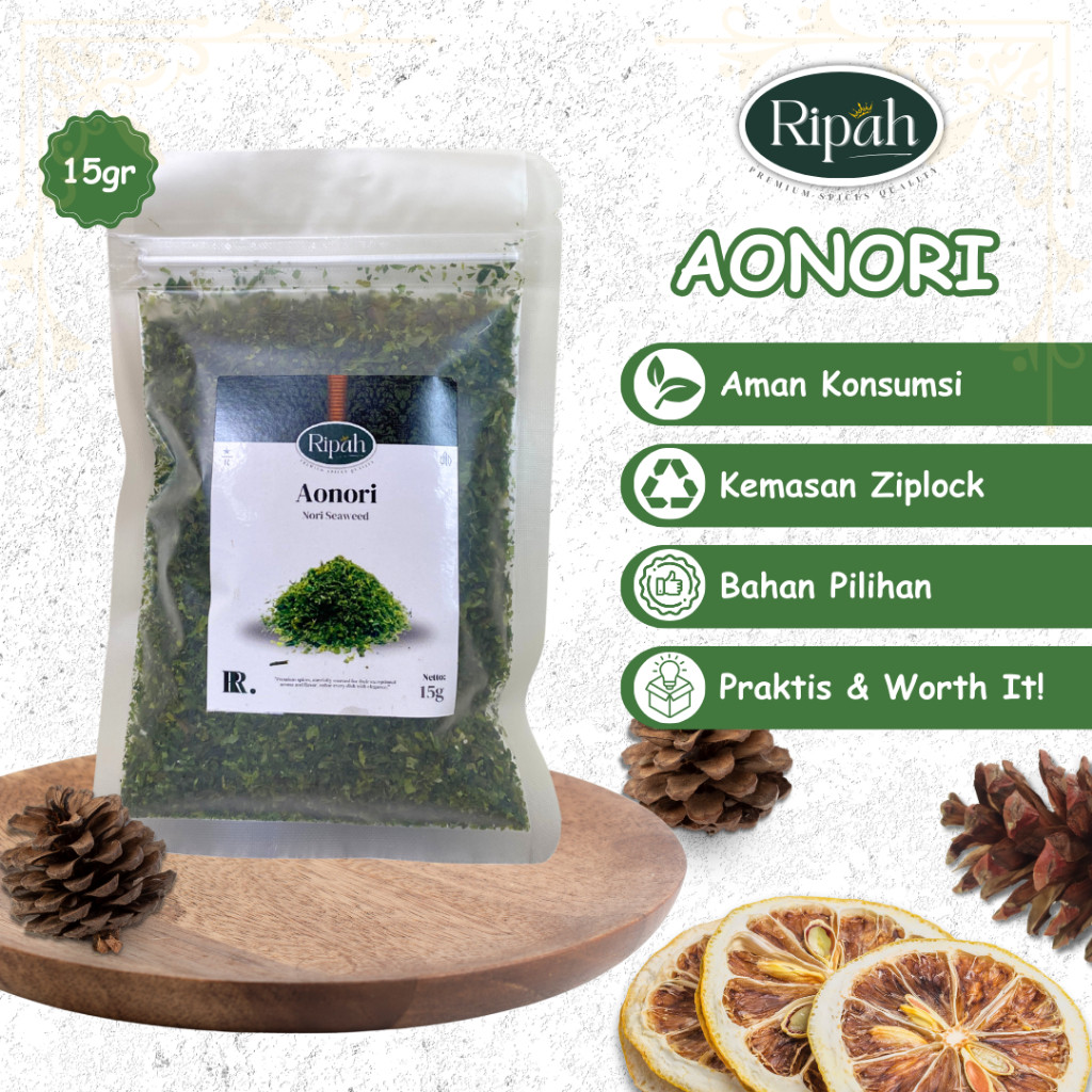 

Aonori Dried Seaweed | Taburan Takoyaki | Bubuk Nori 15 gr Ripah Rempah Premium