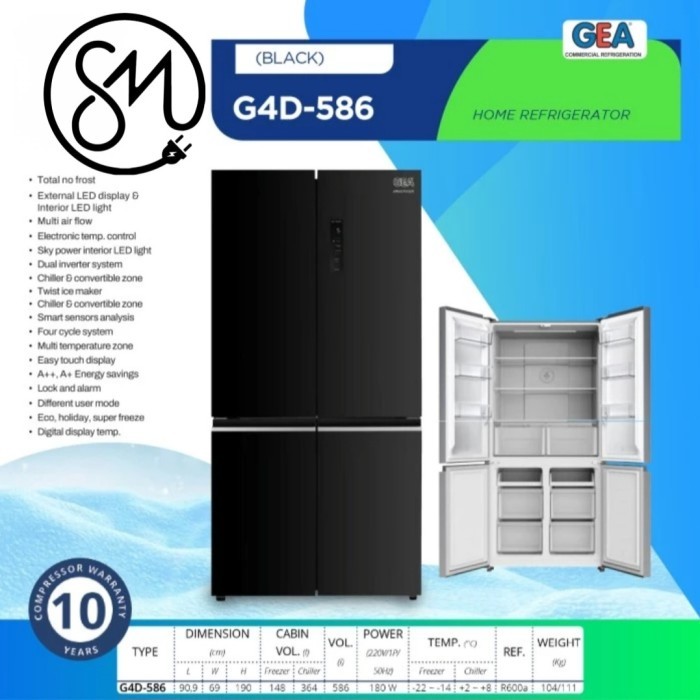 Kulkas 4 pintu GEA G4D-586 Side by Side Black Glass G4D586 586 L