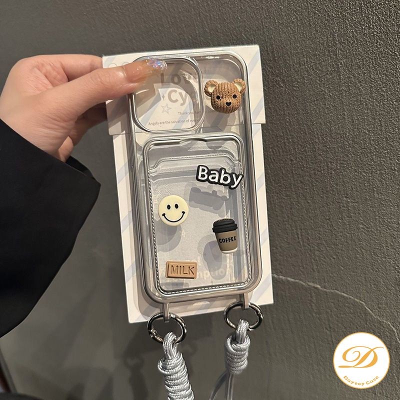 Casing Lanyard Kartu Kredit Kopi Susu Beruang Bahagia Kartun Lucu Kompatibel untuk iPhone XR 11 14 1