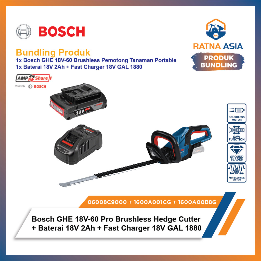 Bosch GHE 18V-60 Brushless Pemotong Tanaman + Baterai 18V 2Ah + Fast Charger 18V GAL 1880 06008C9000