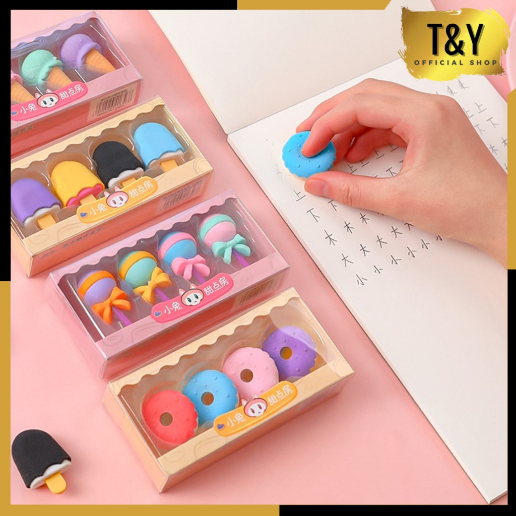 

T&Y Penghapus Karakter Lucu 4 pcs Set penghapus Cute Bentuk es krim Penghapus lolipop donat penghapus pensil karakter sweet penghapus anak sekolah karakter penghapus lucu