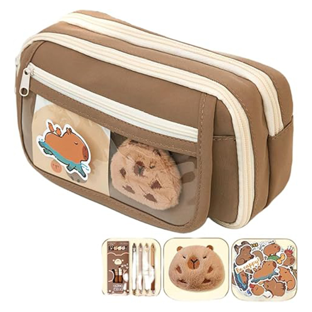 

Large Capacity Pencil Bag Capybara Kawaii Cartoon Stationery Holder Bag With Brooches Stickers Clips Keychains Children Pen Case