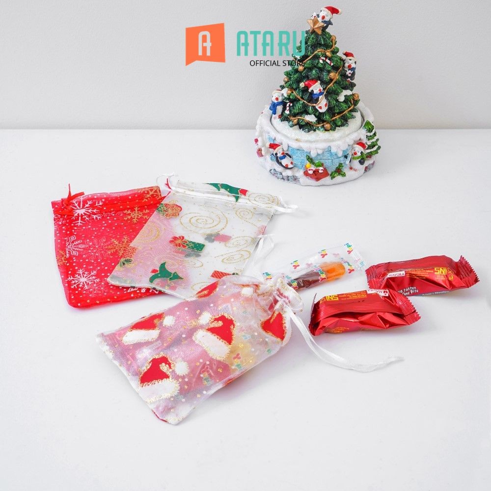 Ataru Set 3 Pcs Kantung Serut Mesh Xmas Mesh Drawstring Pouch Pouch Serut Perlengkapan Kado