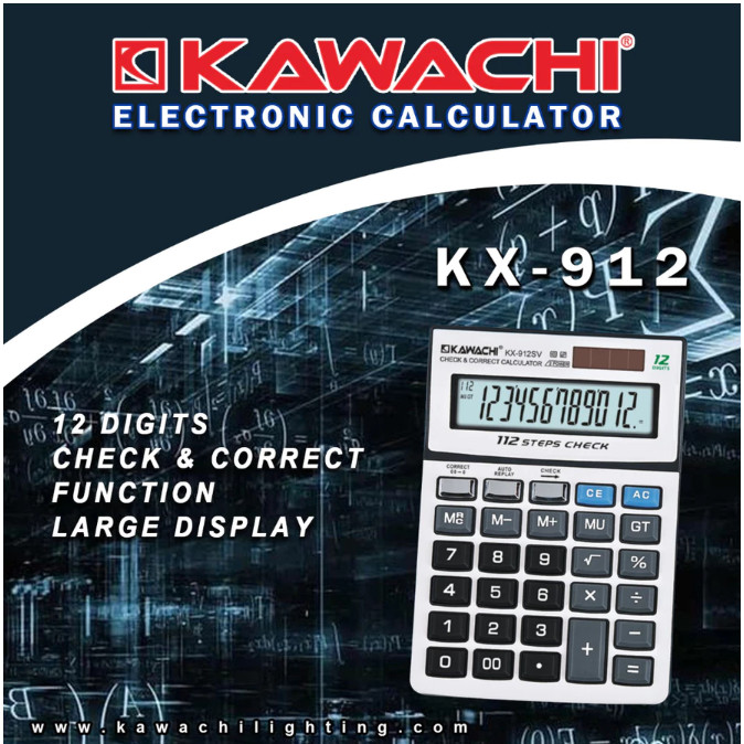 

KX-912 KALKULATOR KAWACHI 12 DIGIT / KX912 KX 912 12 DIGITS ELECTRONIC CALCULATOR ELEKTRONIK