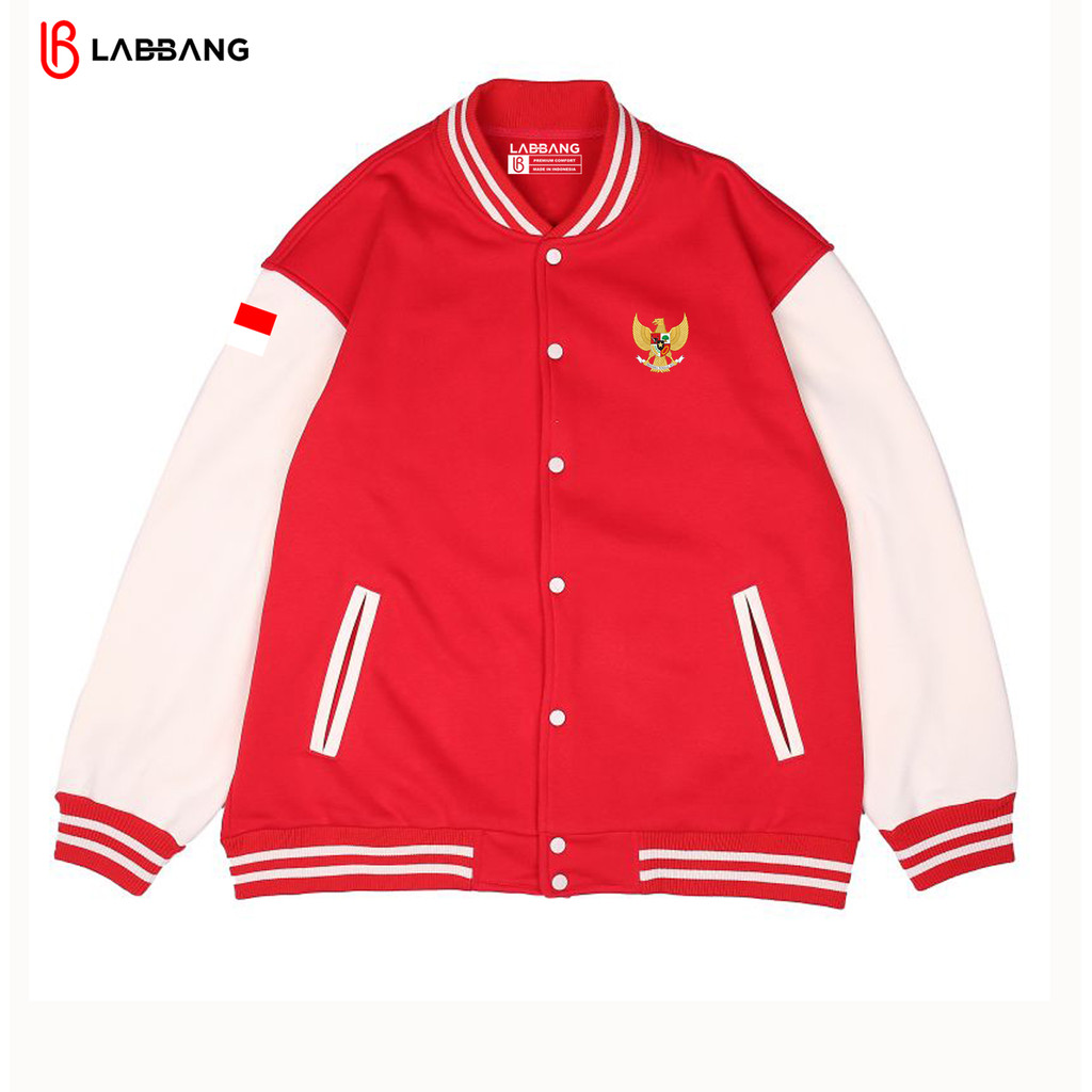 LABBANG Jacket Varsity Baseball Kancing Merah Putih Garuda Pria Wanita