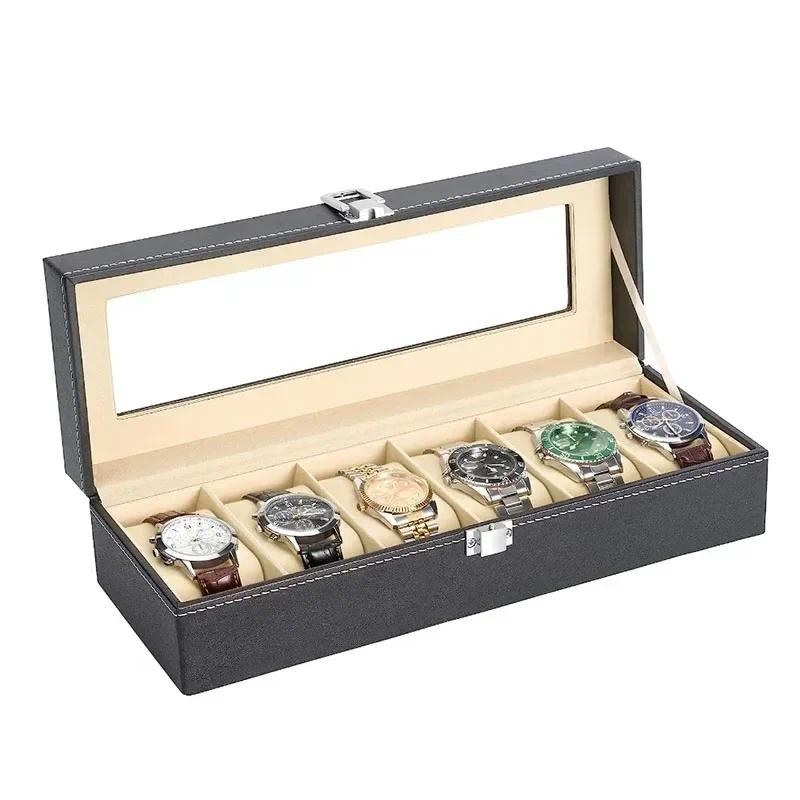 

6 Slots PU Leather Watch Display Storage WristWatch Box Holder Storage Case Organizer Black Watch Bracket Display Box