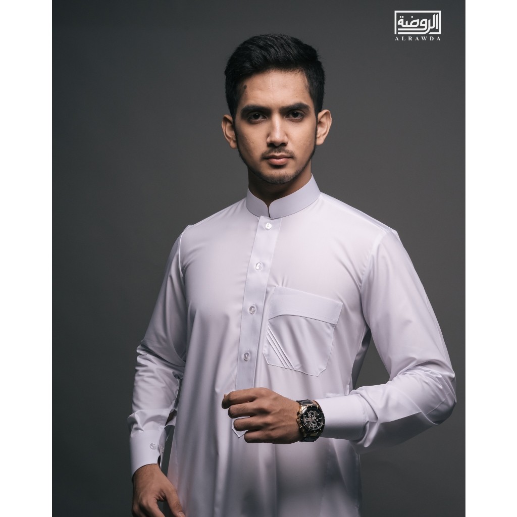 ALRAWDA by Alharamain Jubah / Gamis Pria Dewasa Slimfit Premium Series (1084) | Putih | Putih Tulang