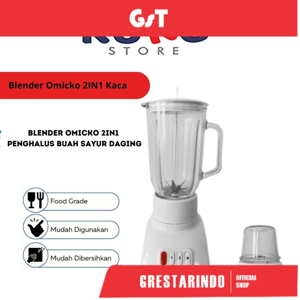 Blender Omicko 2in1 1 Liter Bahan Kaca Plastik / Alat Mesin Penggiling Penghalus Daging Sayur Bumbu 