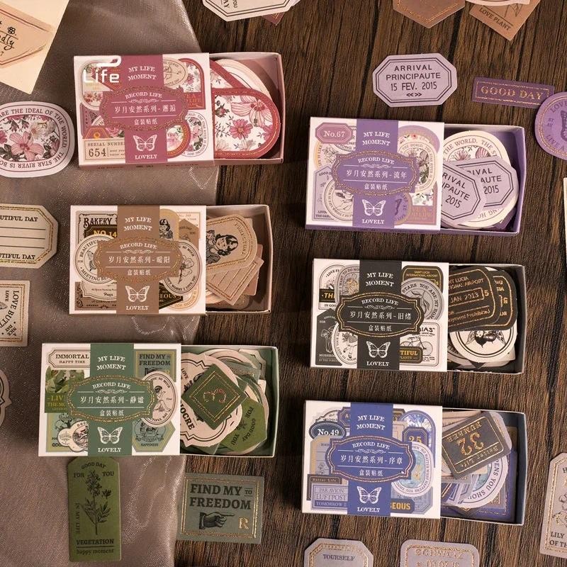 

40Pcs/box Paper Stickers Year Passes Retro Vintage Gold Gilding Scrapbook Journaling Supply Collage Materials Sealing Stickers
