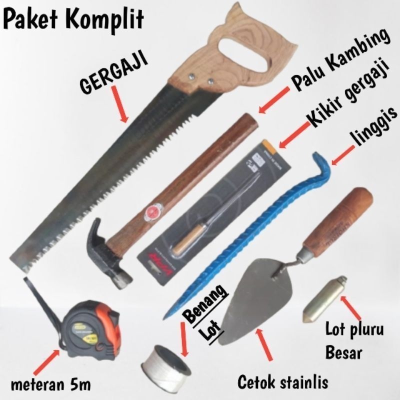 PAKET TUKANG -Gergaji kayu baja asli siap pakai -Palu kambing -Linggis mini -Meteran viper premium