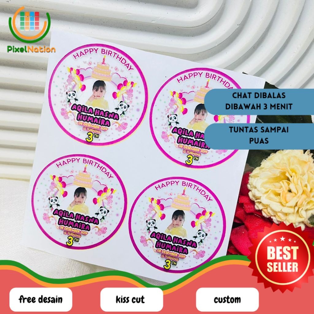 

PiNat 2-4 Vinyl Stiker Ulang Tahun Sticker Label Undang Happy Birthday Uk.Kecil Free Design