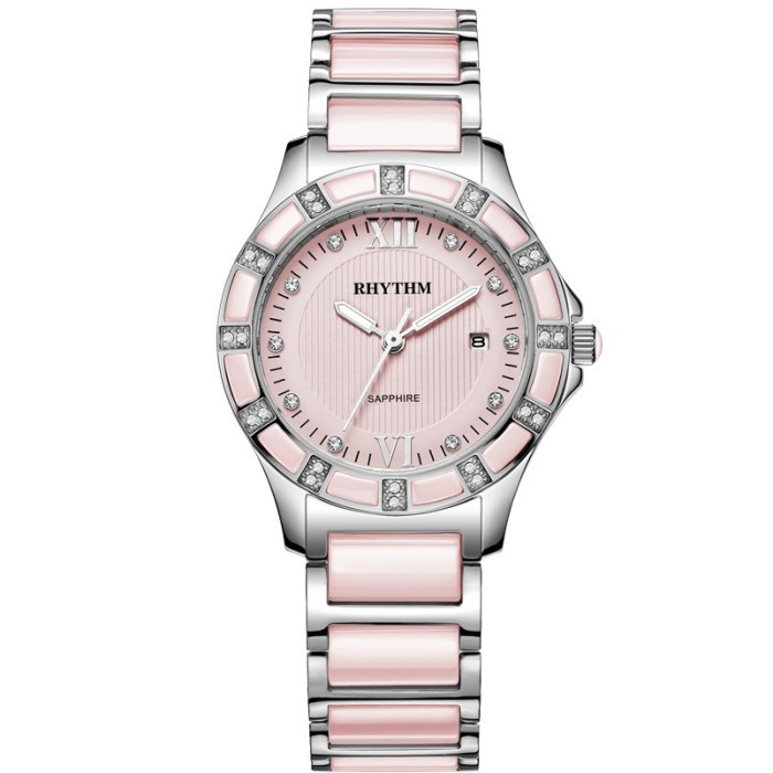 JAM TANGAN WANITA RHYTHM F1202 T03 F1202T03 ANALOG SILVER PINK STAINLESS STRAP