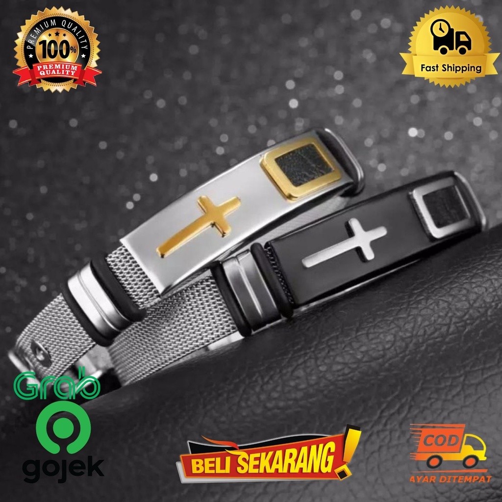 SALE Gelang titanium hitam salib pria silver gold stainless bracelet ,/ gelang titanium / gelang tit