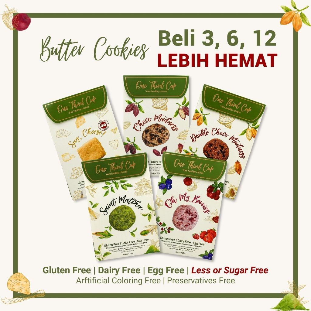

One Third Cup BUNDLE COOKIES [3pcs, 6pcs, 12pcs] Bebas Gluten, Tanpa Susu, Tanpa Telur, Rendan Gula/Bebas Gula, Plant Based