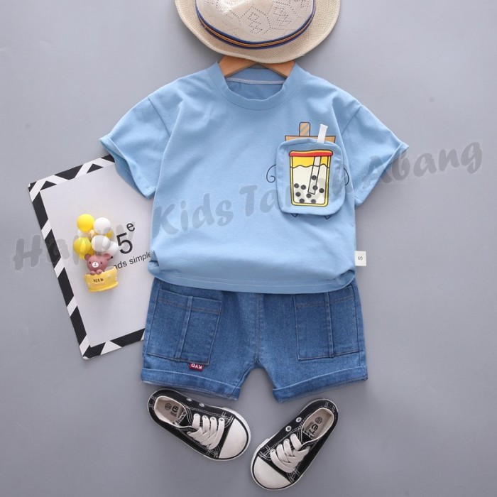 ✨LARIS✨ -COD SETELAN BAJU KAOS ANAK BAYI LAKI LAKI LENGAN PENDEK KATUN IMPORT - PKS091-CREAM, XL
