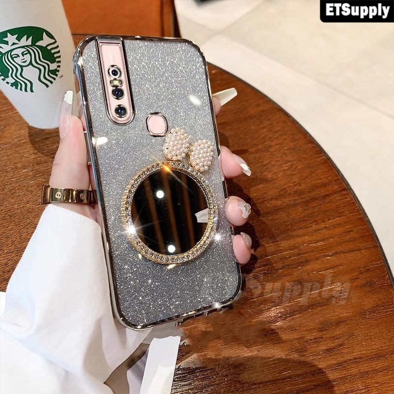 For Vivo V19 V17 V15 V11i V9 Case Pearl Butterfly Makeup Mirror Luxury Shiny Gradient Plating Glitte