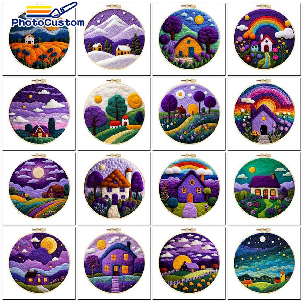 

PhotoCustom Needle Felting Tool Wool House Landscape Felt Painting DIY Handmade Wool Felt Kit Needle Felt For Home Decoration A