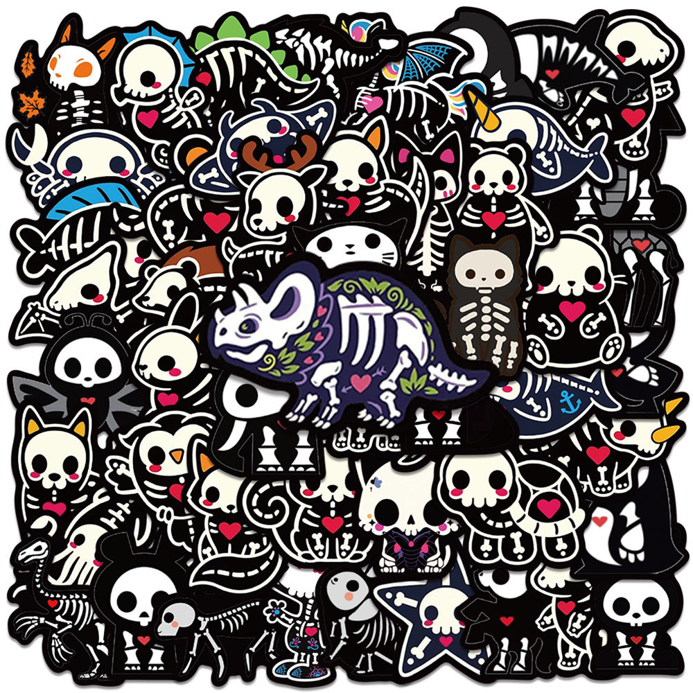 

50pcs Black White Cartoon Animals Skeleton Skull Stickers Cute Horror Water Bottle Sticker Luggage Laptop Guitar Vinyl Decals