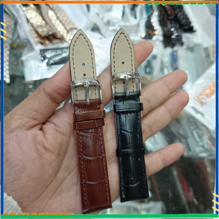 STRAP TALI JAM SEIKO 18MM 20MM 22MM LEATHER KULIT FREE PEN - Hitam, 22mm