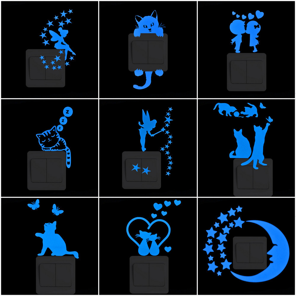 

Light Switch Decoration Cartoon Luminous Stickers Kids Room Wall Laptop Fridge Car Vinyl Decal Moon Star/Cat Butterfly/Fairy/Dog