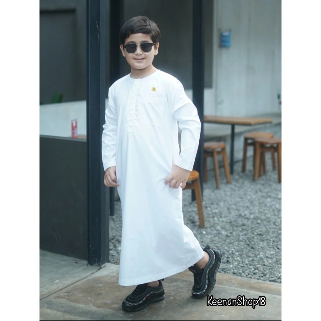 Jubah Fayruz Anak | Jubah Anak Lengan Panjang Putih | Jubah Putih Panjang Anak Kerah Oblong - setela