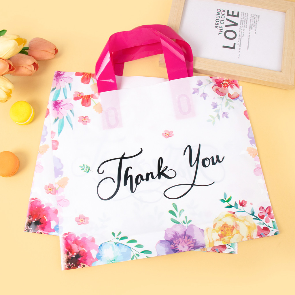

10pcs Thank You Gift Bag with Handles Floral Print Tote Bag Plastic Gift Packaging Bags Wedding Birthday Gift Favors For Guest