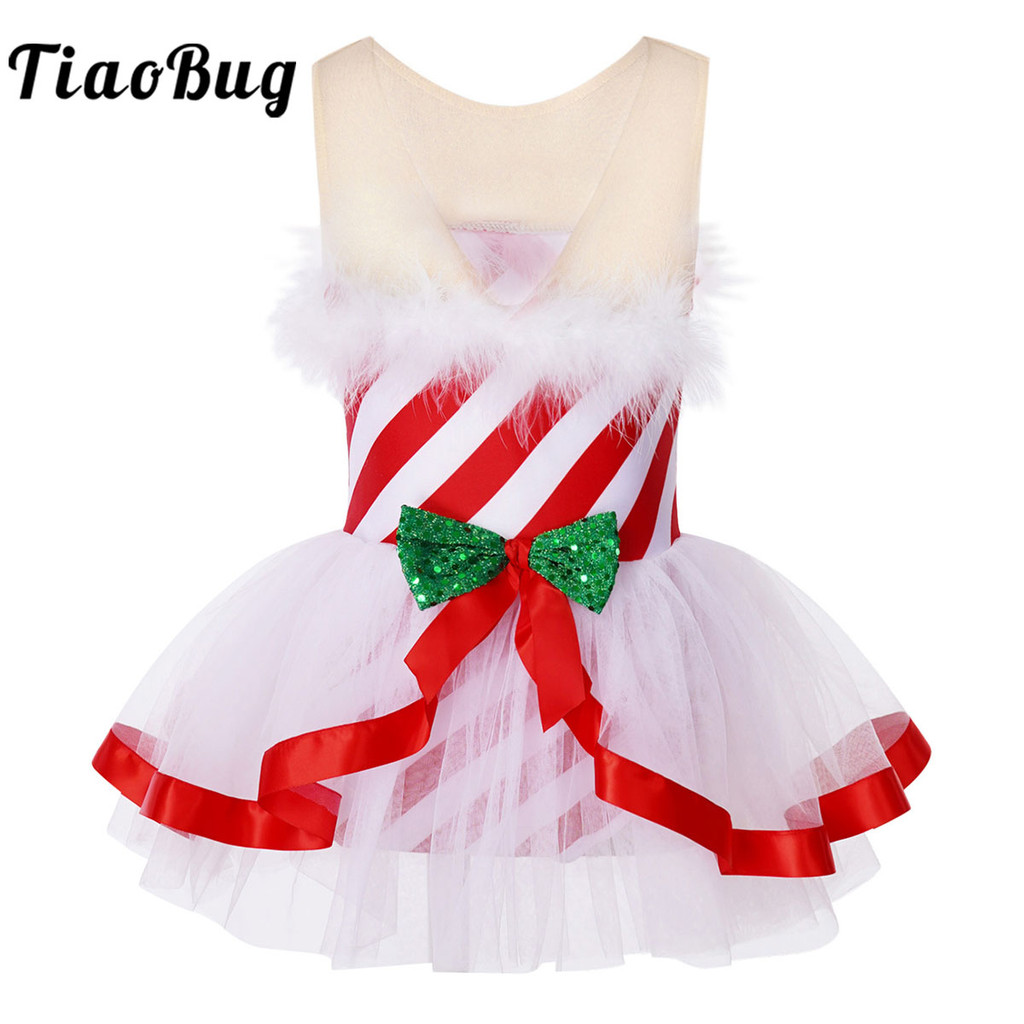 Kids Girls Candy Cane Christmas Costume Pageant Party Fluffy Stripe Ballet Dance Figure Ice Skating 