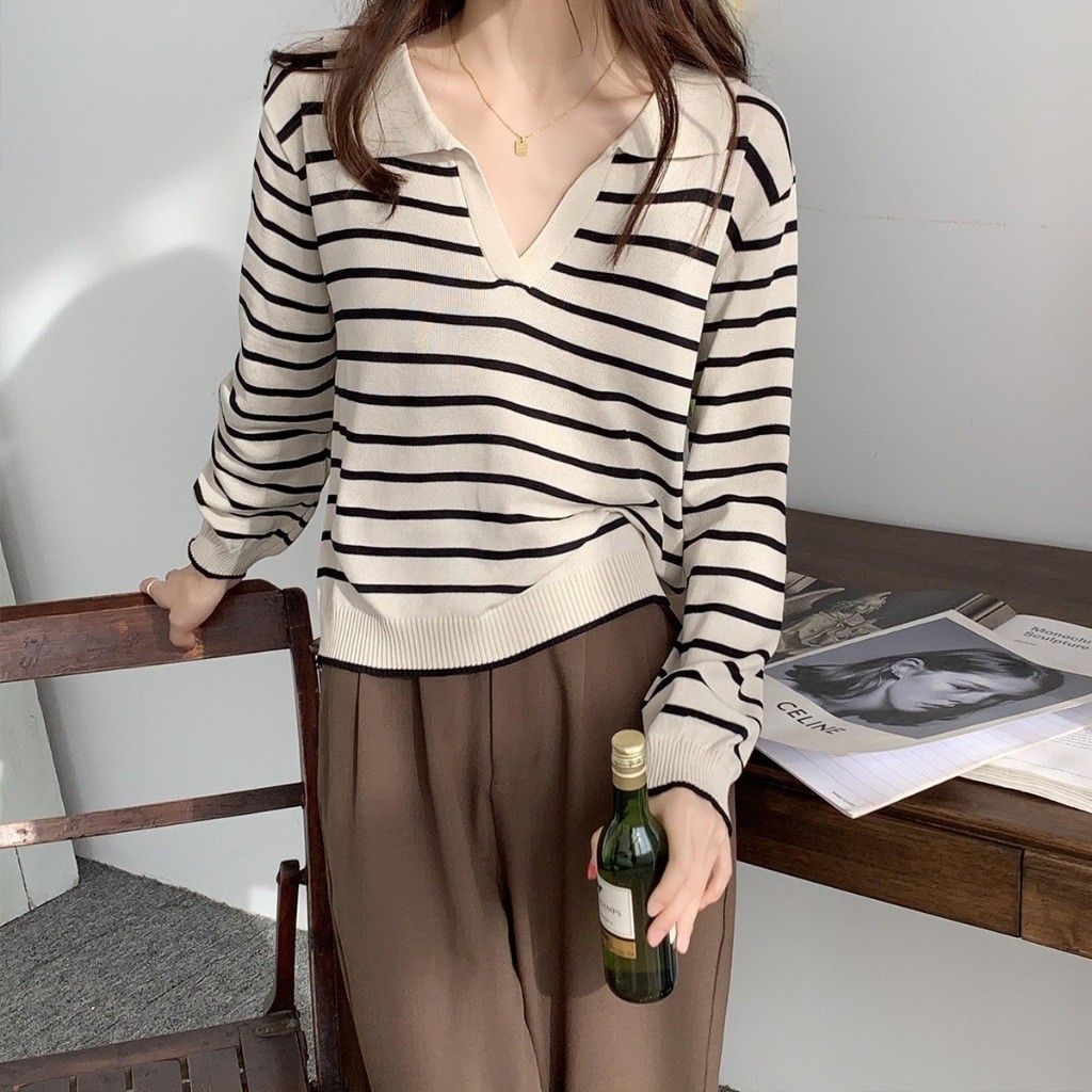 PEACHIE | BJ1618 Baju Sweater Wanita Garis - Garis Rajut  Lengan Panjang CropTop