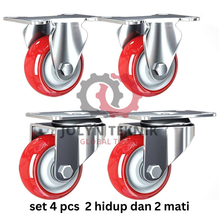 SET 4 PCS RODA TROLY CASTOR PU MERAH HEAVY DUTY BEARING  3 INCH - 2 HIDUP 2 MATI