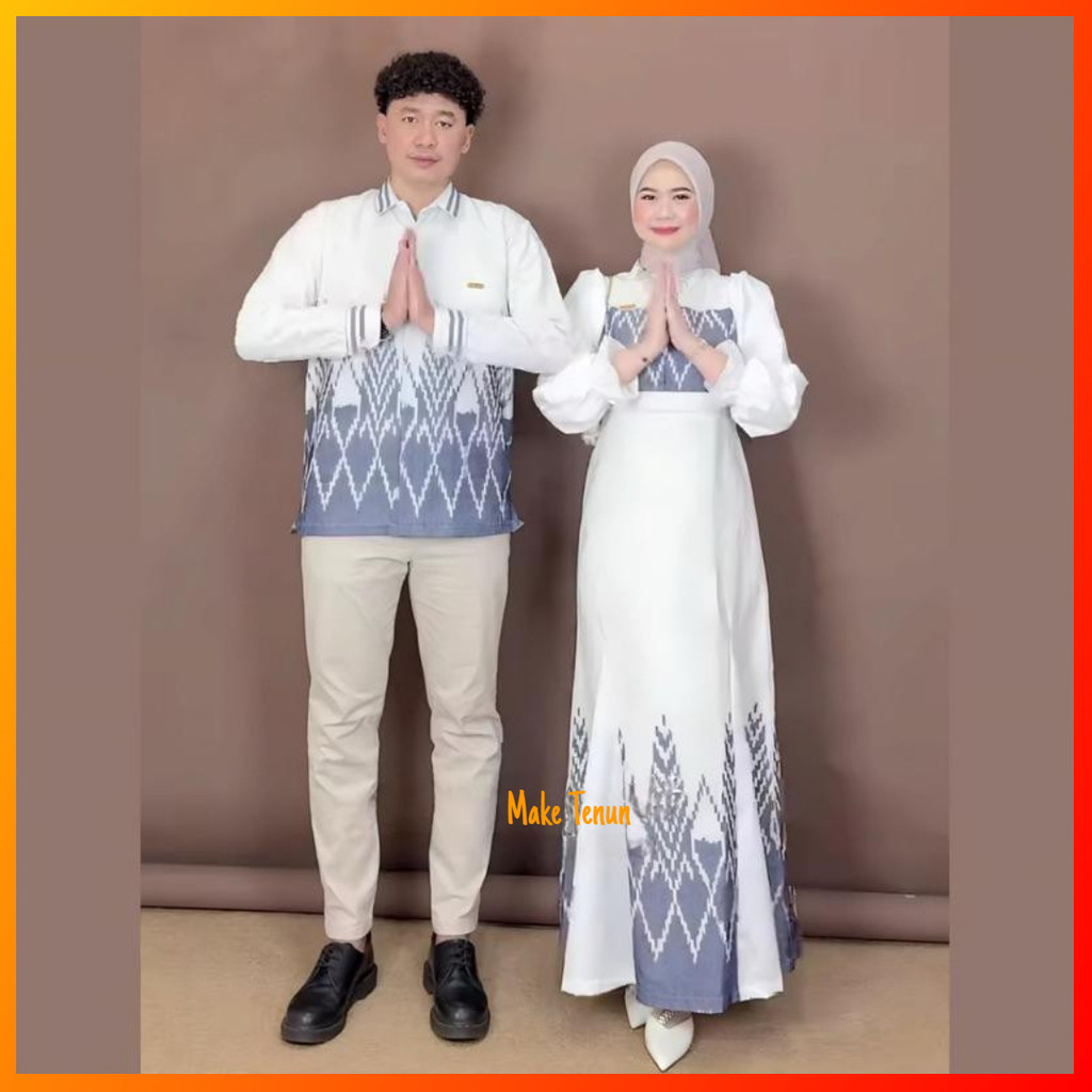 Baju couple Pasangan Tenun Kinanti Cemarah Putih Couple Pasangan Dress dan Kemeja Couple