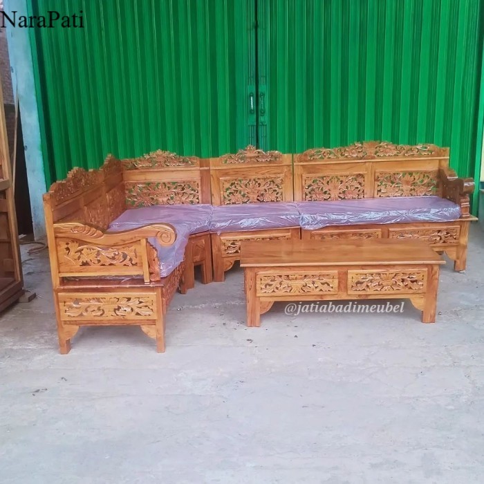 Set Kursi Tamu Sudut Ukir Kayu Jati, Kursi Sofa Tamu L Kayu Jati - Tanpa Busa SF15
