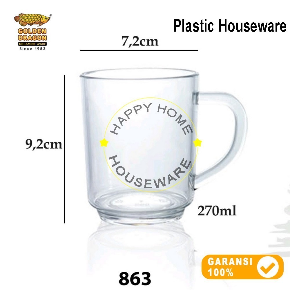 GOLDEN DRAGON 1pcs Gelas Plastik Kopi Gagang 270ml Mug Resto Mug Cafe 270ml Putih Bening