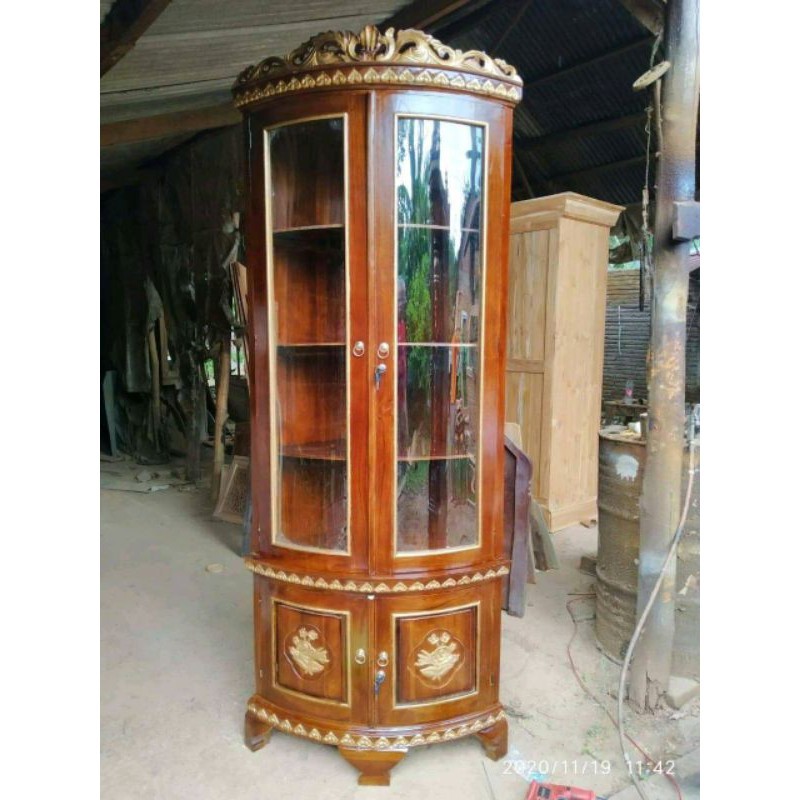 lemari sudut || lemari pojok hias kayu jati