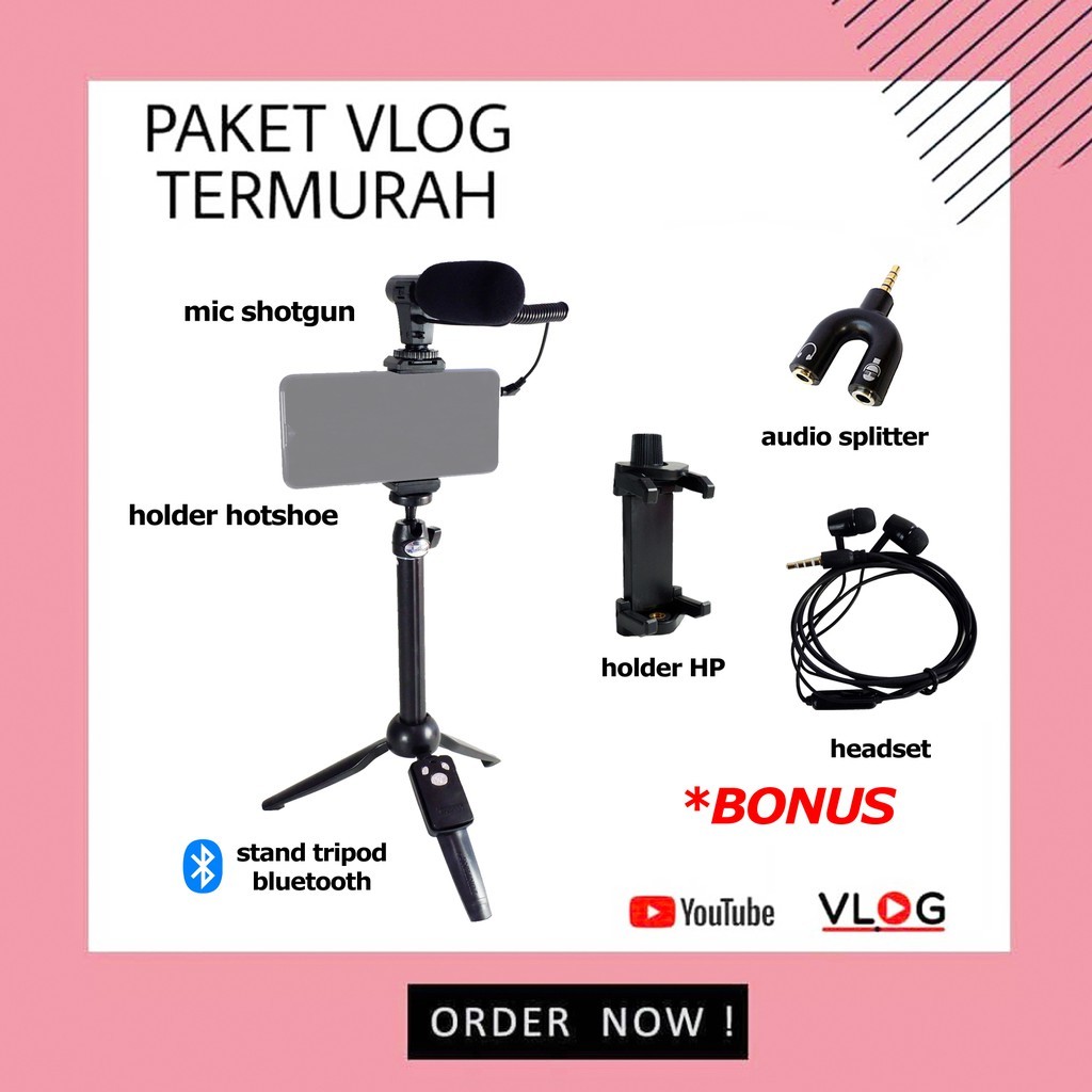 Paket Vlog Mic Shotgun Stand Tongsis Tripod Bluetooth Headset Audio Splitter Holder HP Hot Shoe