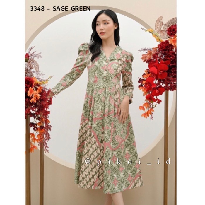 Pikoi_id | Maxi dress batik wanita modern / long dres lengan panjang - SAGE GREEN-3348, STANDARD AS