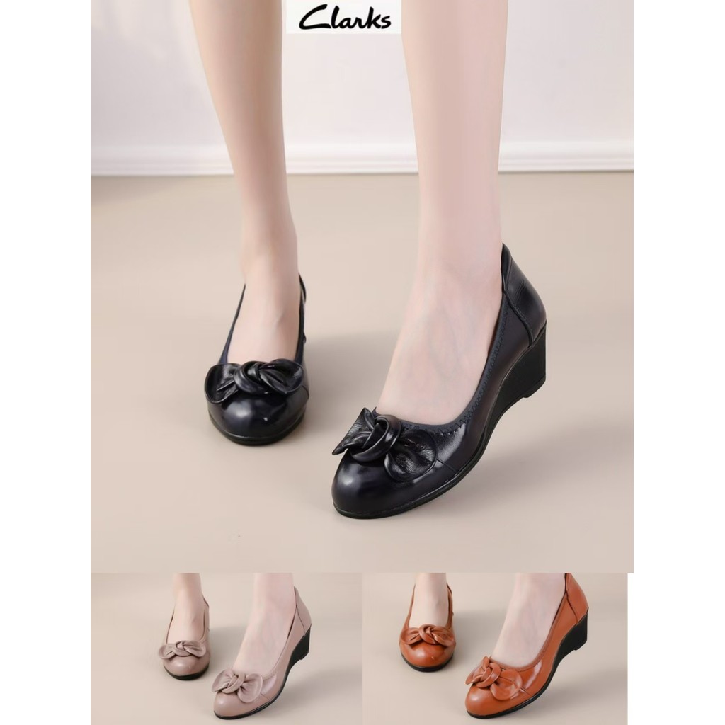 Clarks new pita sepatu woman  clarks flat wanita  melati kulit asli Sepatu hak tinggi 5cm Nyaman