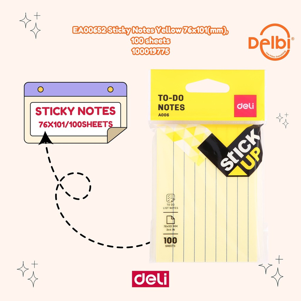 

Sticky Notes 3x4 In EA00652 Sticky Notes Yellow 76x101(mm), 100 sheets